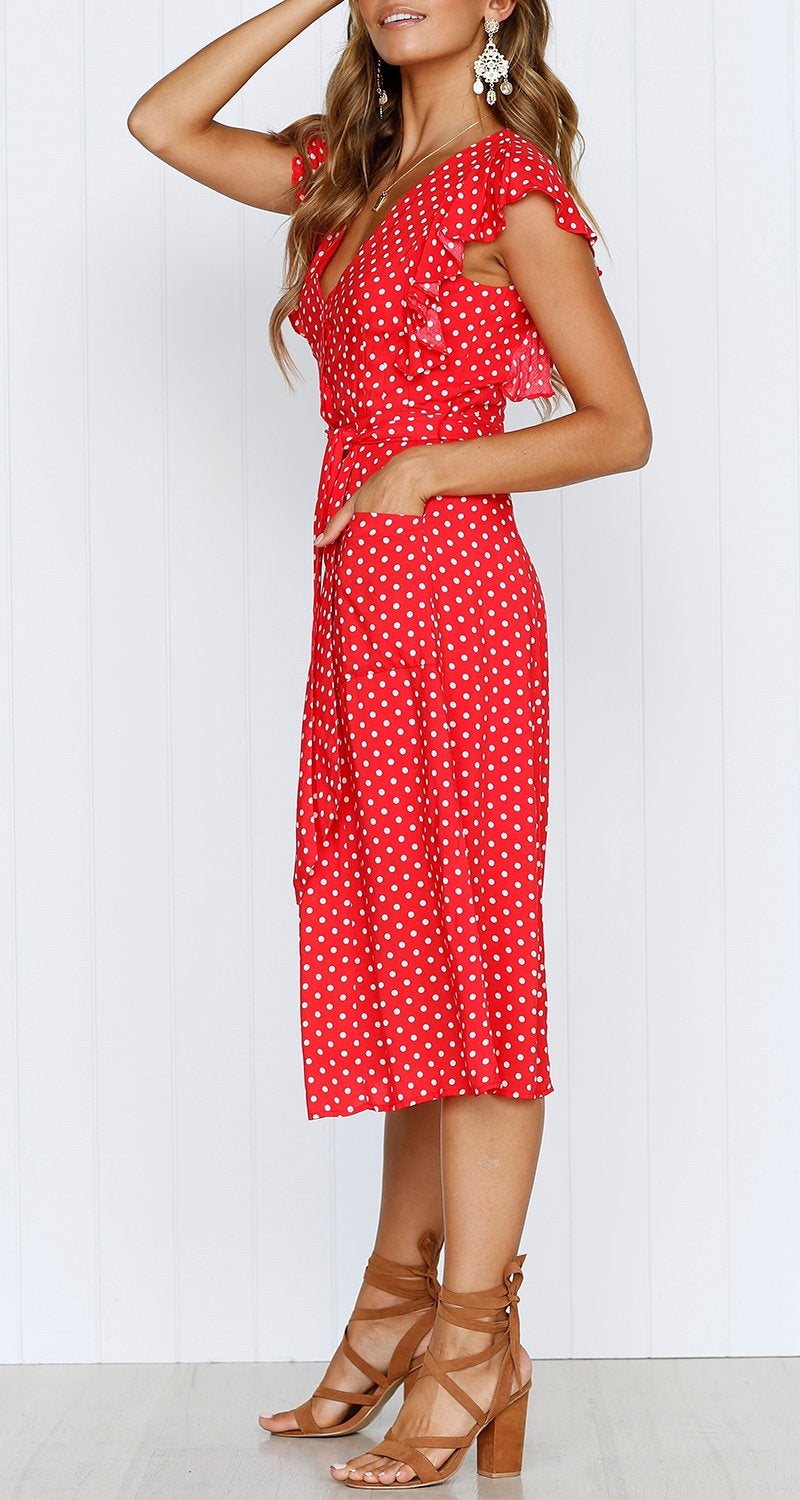 MITILLY Women's Boho Polka Dot Flutter Short Sleeve V Neck Button Down Swing Midi Dress with Pockets X-Large Red - Image 4